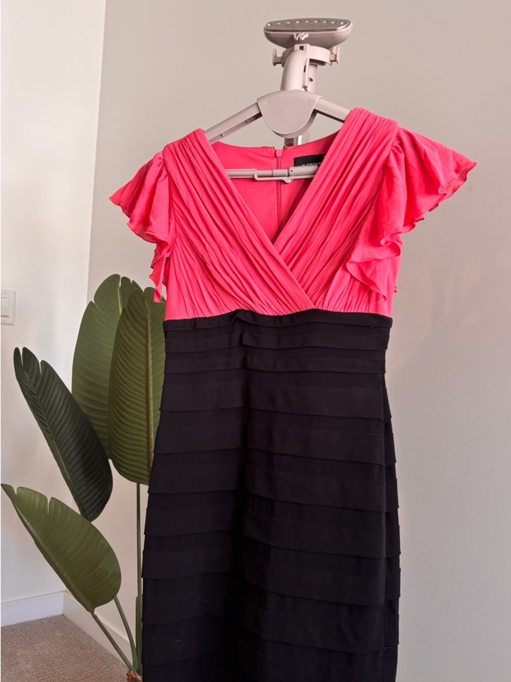 Fuchsia & Black Pleated Midi Dress by Unknown